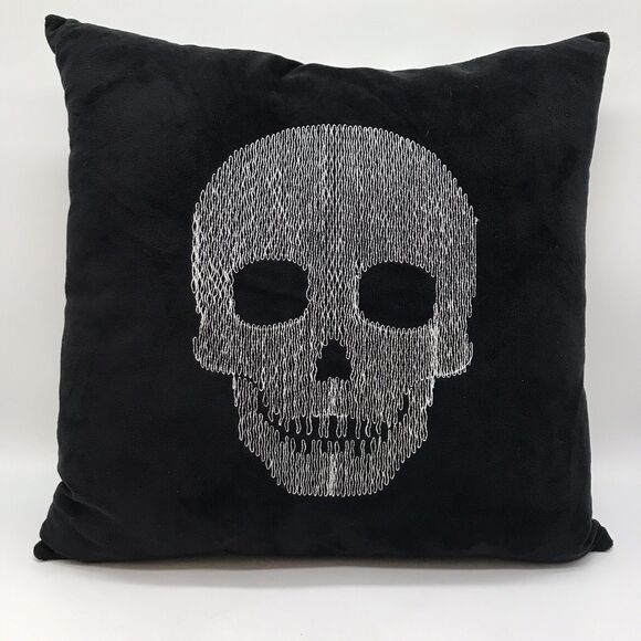 Skeleton Skull & Coffins Square Throw Pillow Plush Black White Gothic Decor 15" - Picture 1 of 8